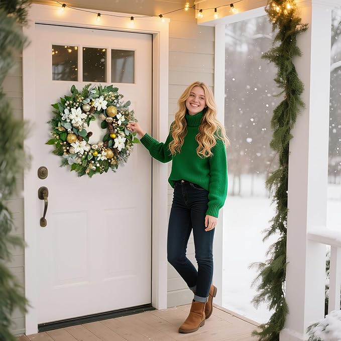 Christmas Wreaths for Front Door with Lights 24 Inch Prelit Christmas Wreath, Christmas Door Wreath with White Flowers, Gold Ornaments, Pine Cones, Greenery & Berries Indoor Outdoor