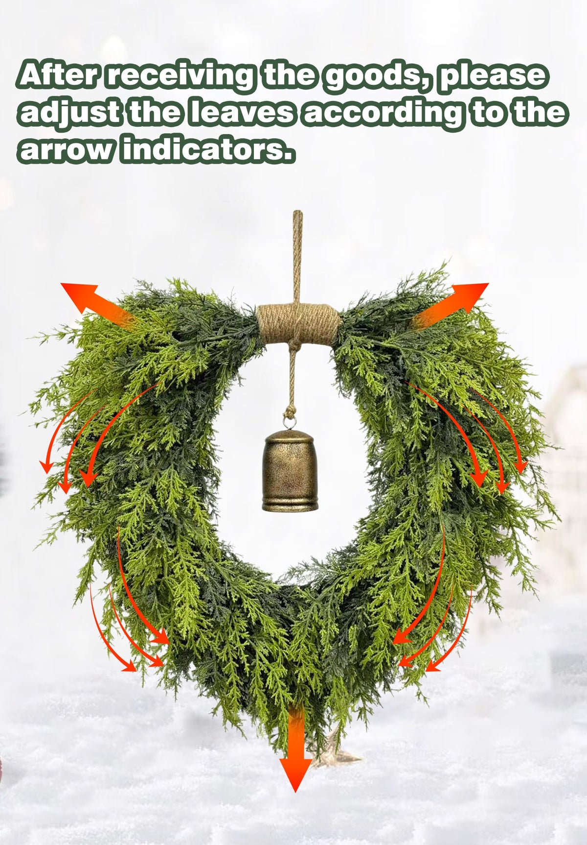 20" Heart-Shaped Wreath for Front Door – Faux Greenery with Rustic Bell – Waterproof & Fade-Resistant Christmas Decor for Porch, Holiday Wall or Indoor Use