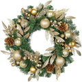 24 inch Christmas Door Wreath, Pine Wreaths for Front Door with Golden Ball Glittered Leaf Spray Stems Pinecones Berries for Fireplace Xmas Decorations, Wall Window Indoor Outdoor Decor