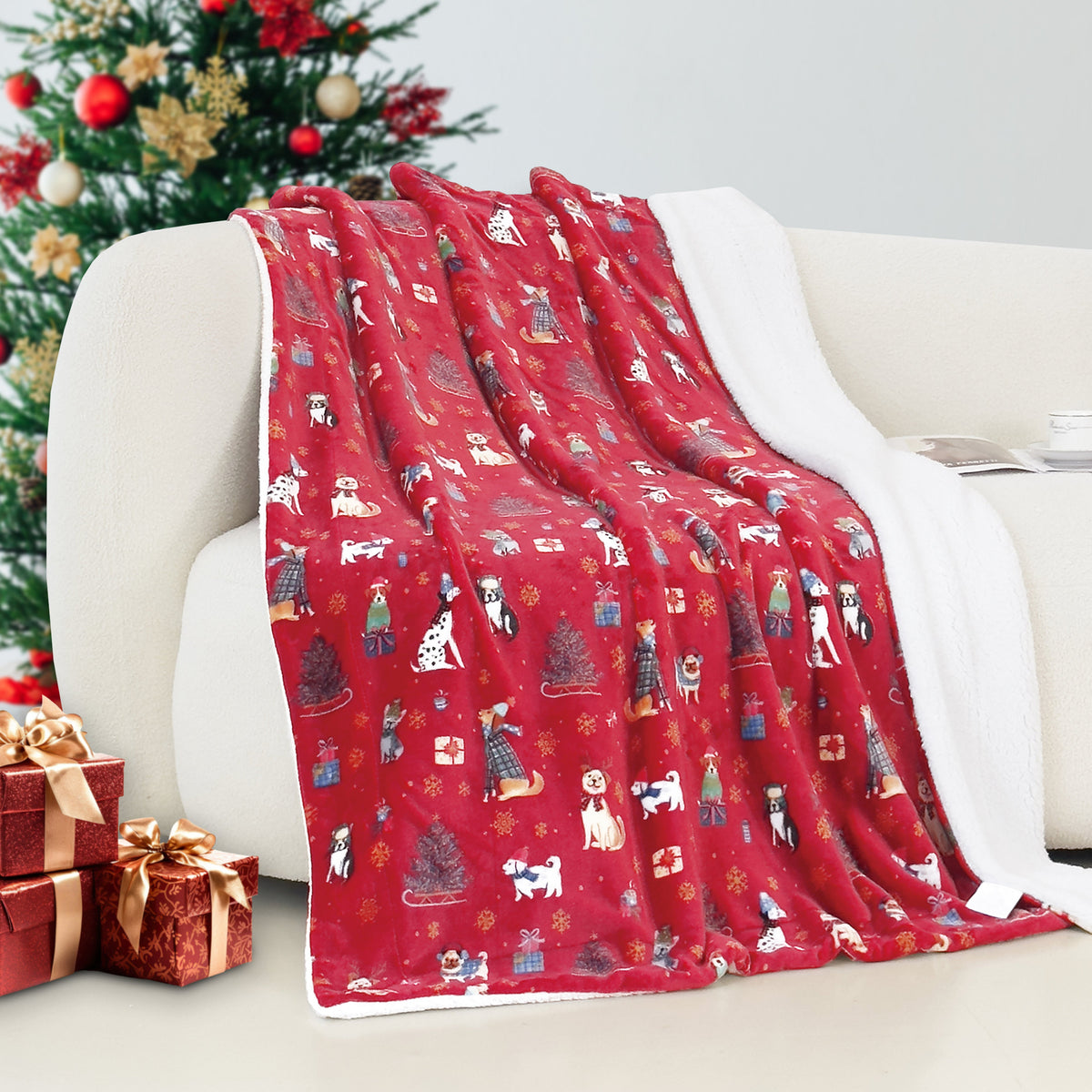 Mocassi Christmas Sherpa Throw with Flannel Fleece - 50 x 60 inches