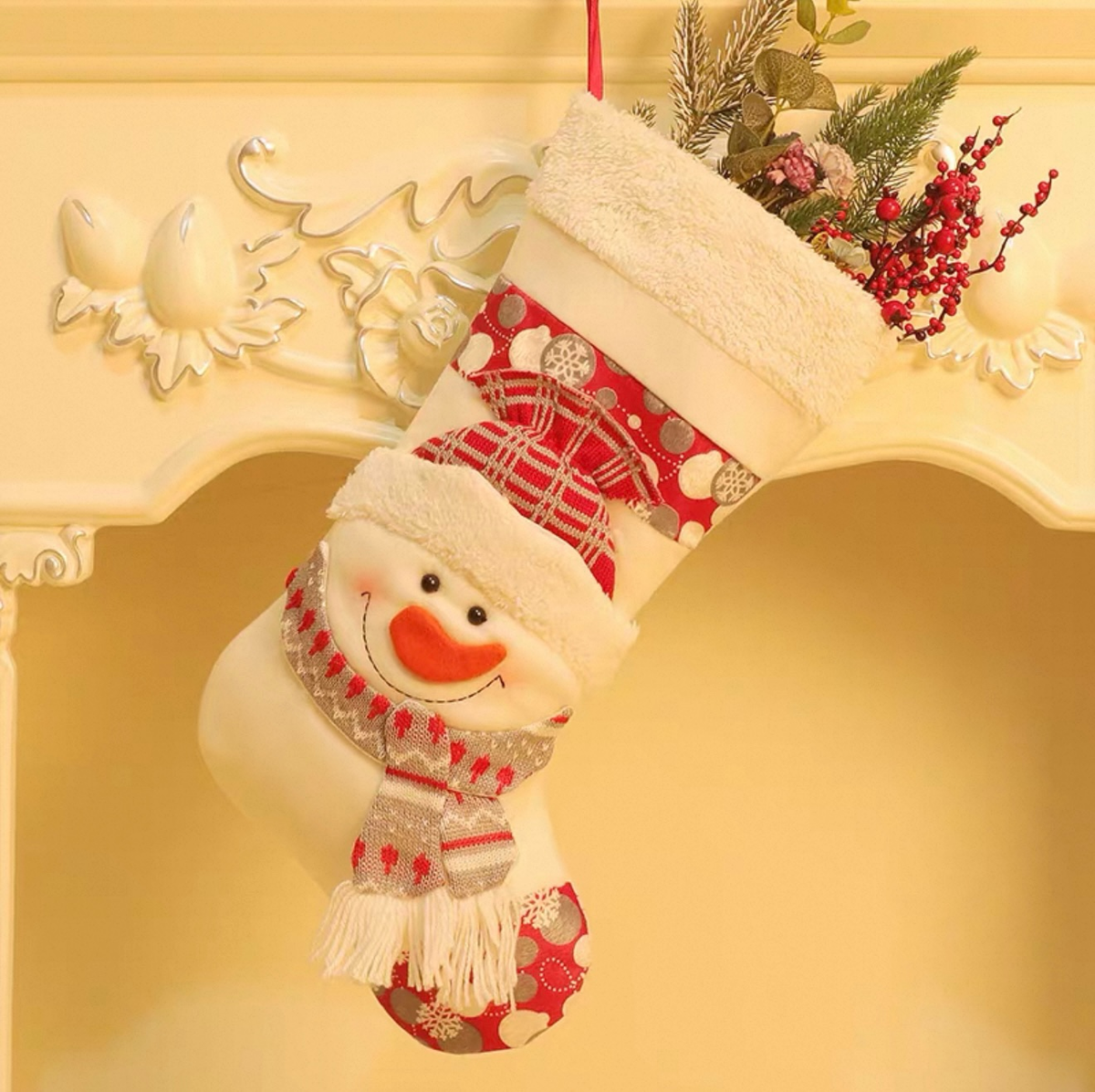 3D Snowman Christmas Stocking, Knitted Scarf Xmas Gift Sack with Snowflake Print, Fireplace Mantel Hanging Holiday Decoration