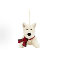 West Highland Terrier Christmas Ornament Plush, Mini Scottie Dog Hanging Decoration with Red Tartan Scarf, Festive Xmas Tree Ornament Gift