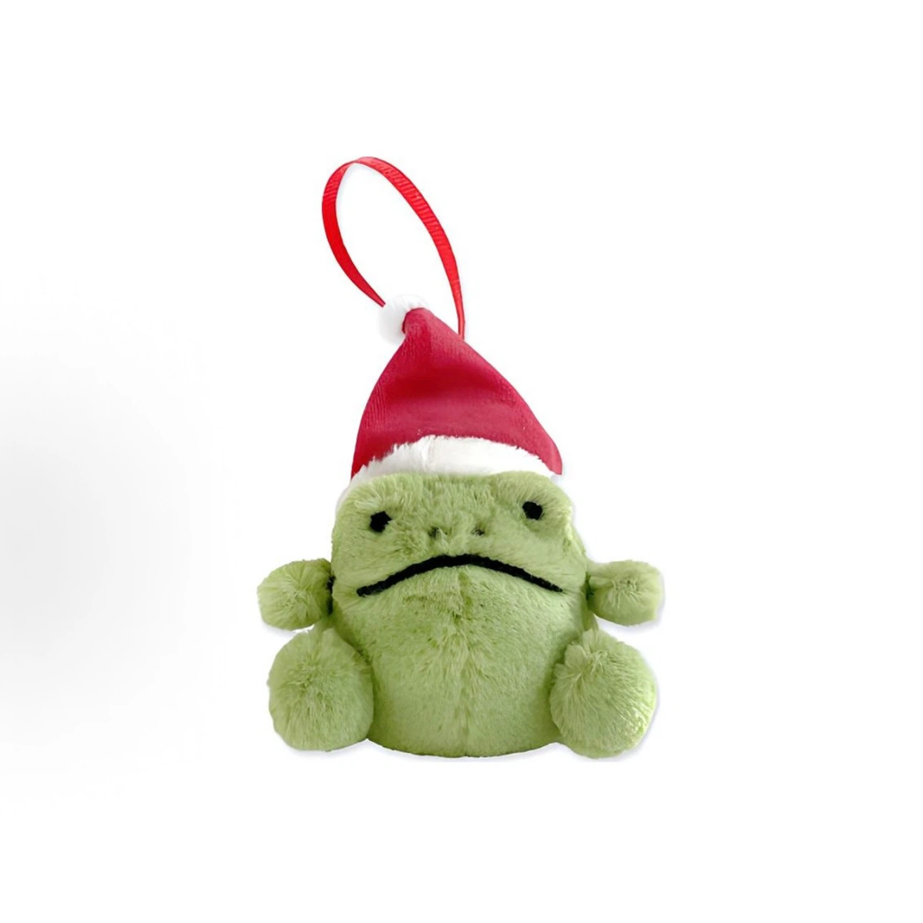 Christmas Frog Plush Ornament, Cute Green Ricky Frog Hanging Decoration with Santa Hat, Festive Xmas Tree Ornament Holiday Gift
