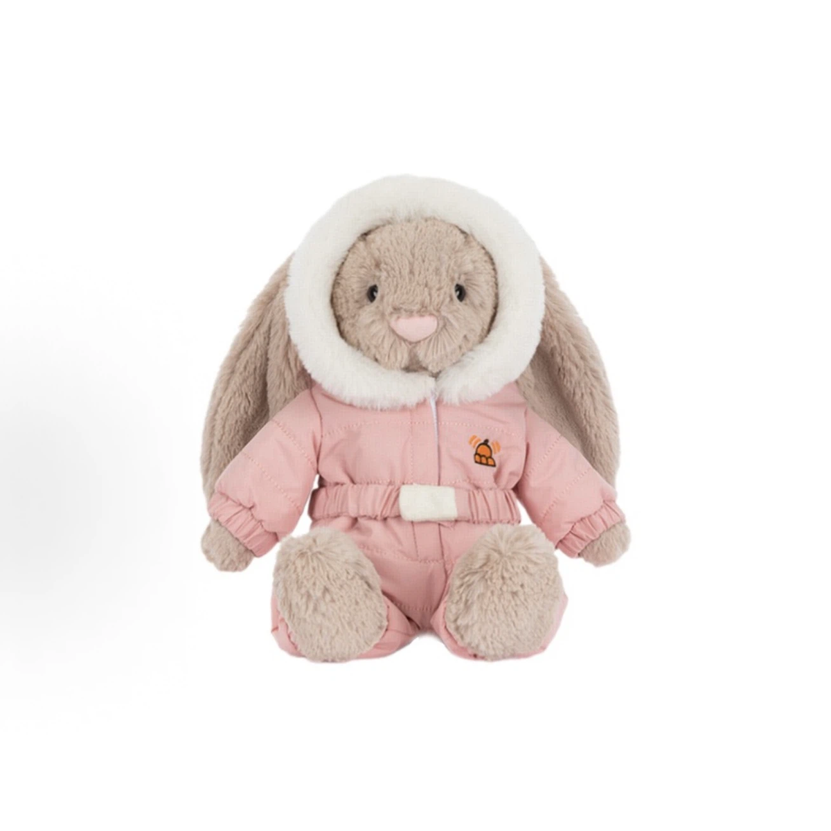 Pink Snowsuit Bunny Plush Toy, Cute Long Ear Rabbit Stuffed Animal with Furry Hood, Christmas Winter Holiday Gift