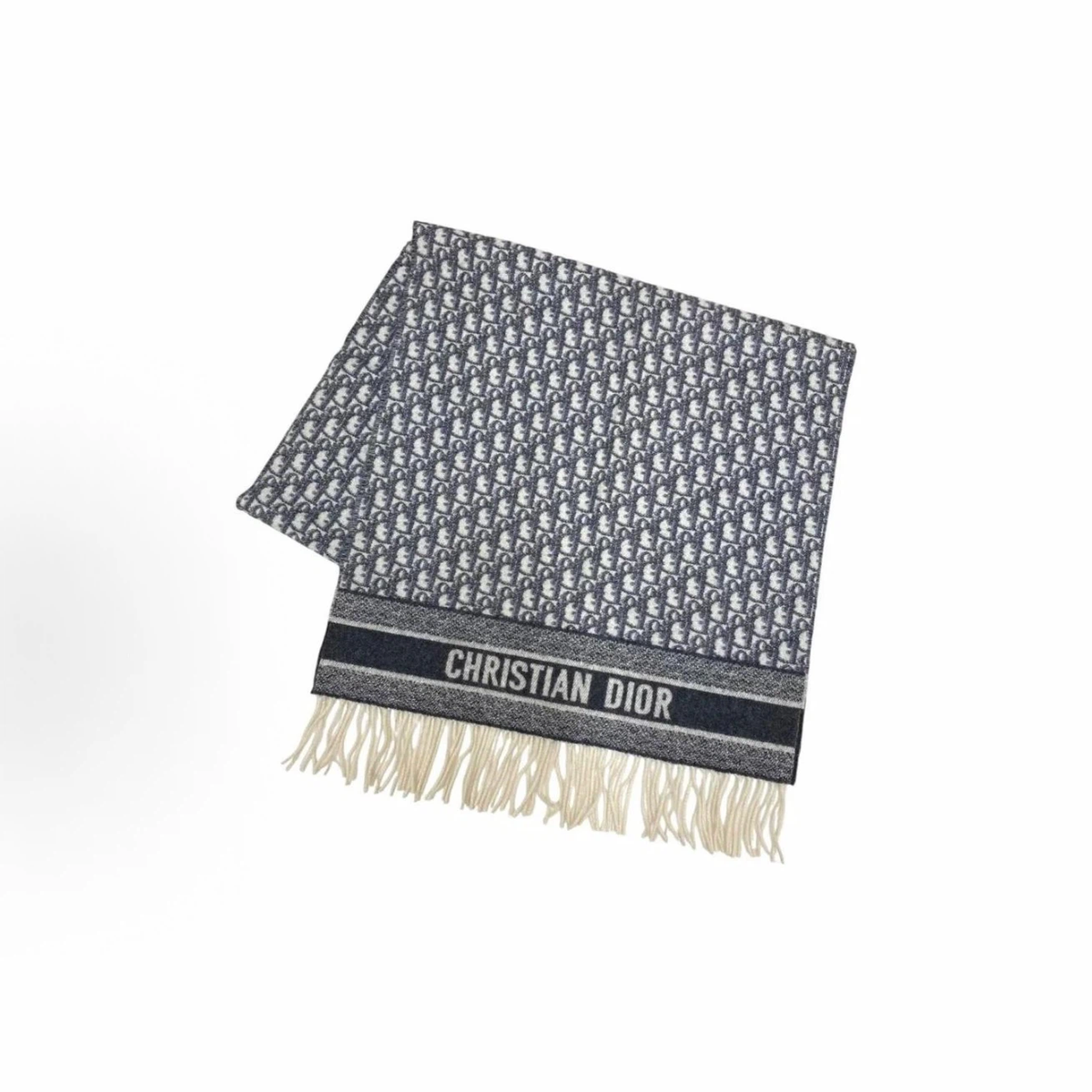 Grey‑Blue All‑Over Monogram Reversible Fringed Winter Scarf