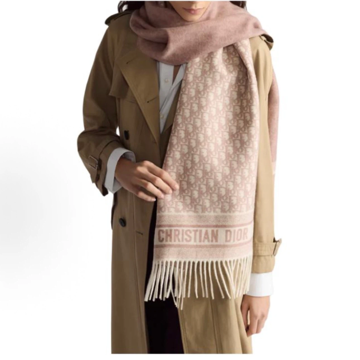 Dusty‑Pink All‑Over Monogram Reversible Fringed Winter Scarf