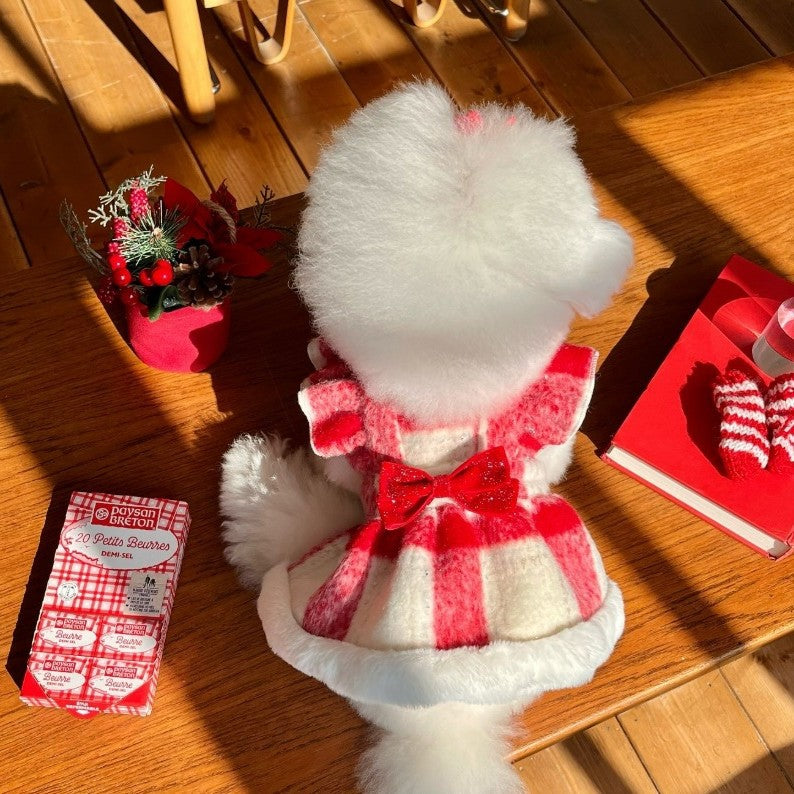 Bow Plaid Ruffled Fleece Dog Cat Dress/Cape