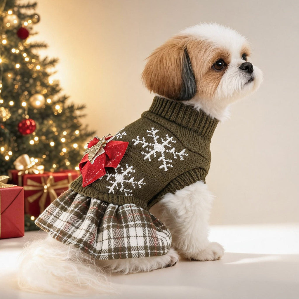Christmas Bow Decor Dog Cat Knitted Dress