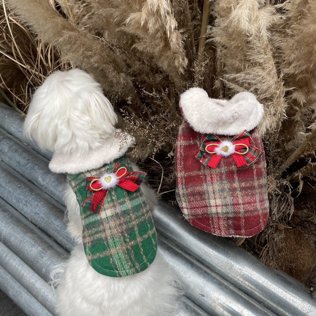Xmas Fleece Collar Plaid Bow Dog Cat Cape