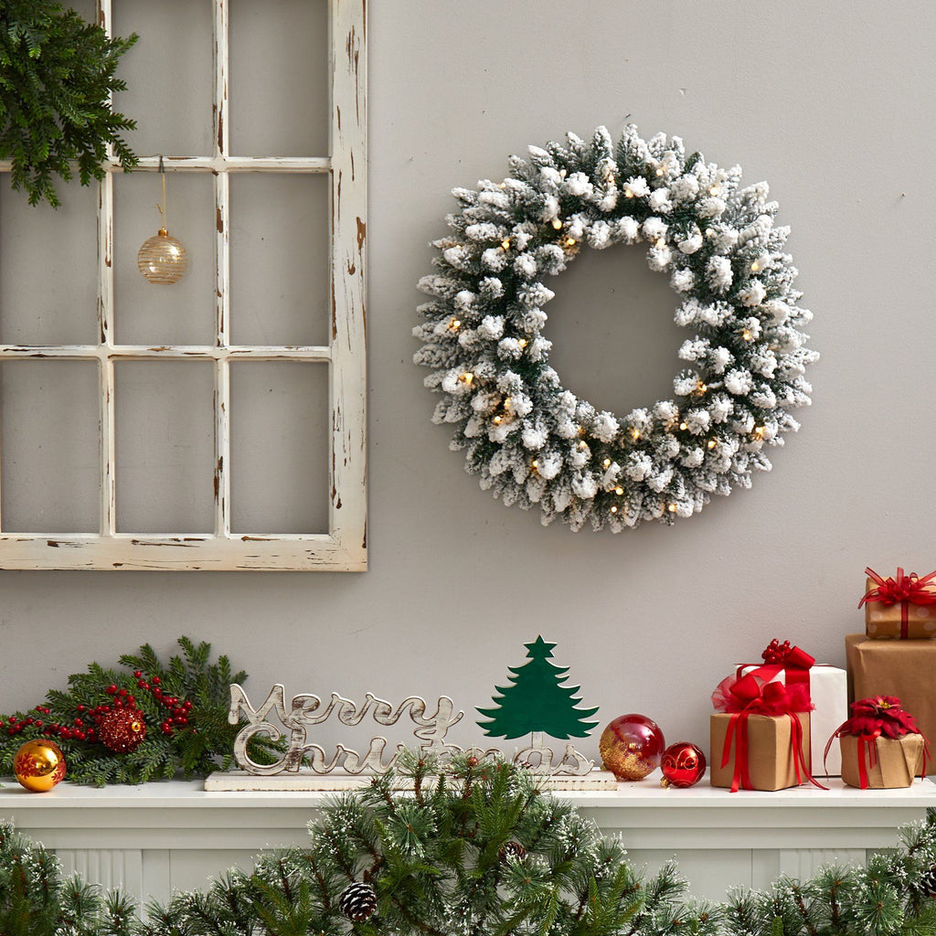 24-Inch Flocked Christmas Wreath with Pinecones and 35 Warm LED Lights - Pinecone Christmas Wreath