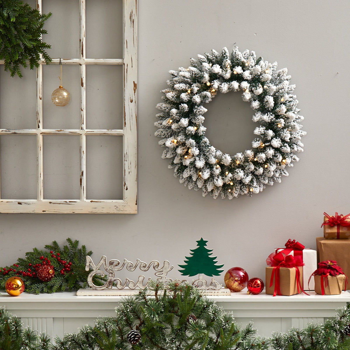 24-Inch Flocked Christmas Wreath with Pinecones and 35 Warm LED Lights - Pinecone Christmas Wreath